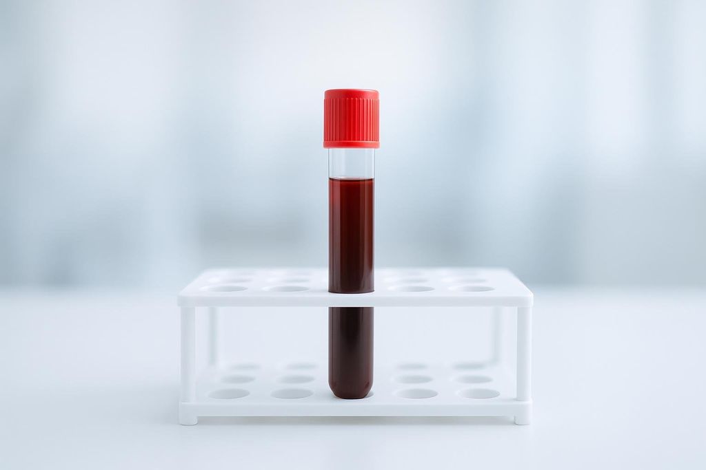 A single blood test tube with a red cap, filled with dark red fluid, standing upright in a white plastic test tube rack.