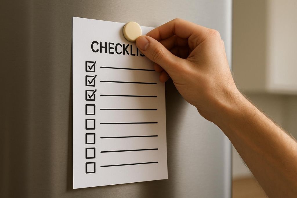 A hand uses a round magnet to pin a simple habit checklist to a stainless steel refrigerator door. Several boxes on the checklist are marked with a checkmark.