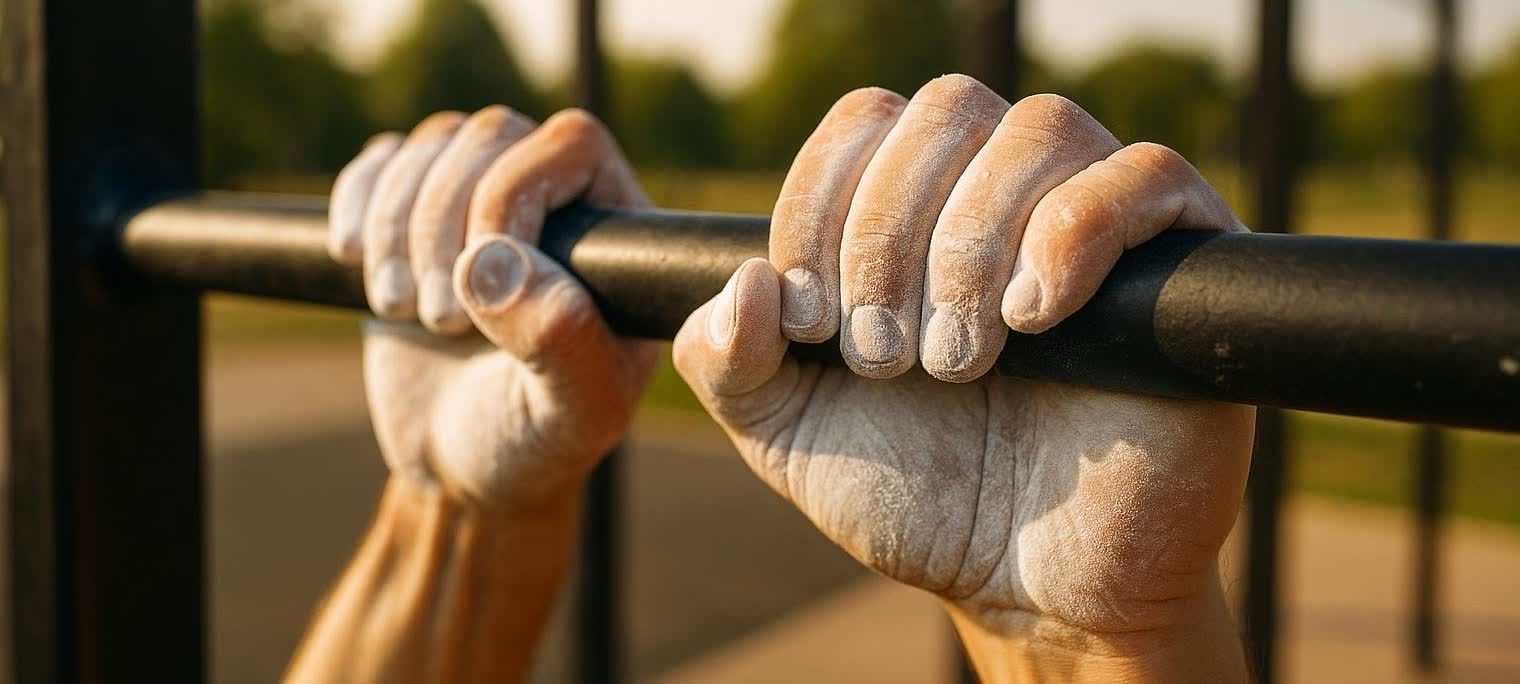 Close-up of a person's hands covered in white chalk, gripping a black pull-up bar outdoors. The background is blurred green and yellow foliage.