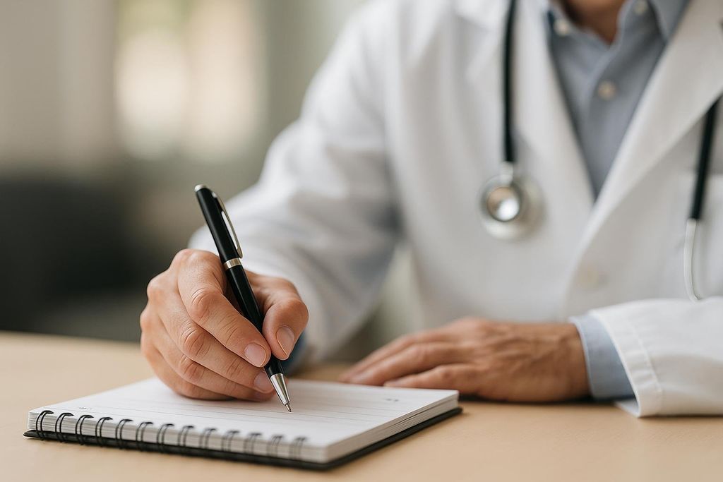 Doctor's hand with pen preparing to write a prescription note