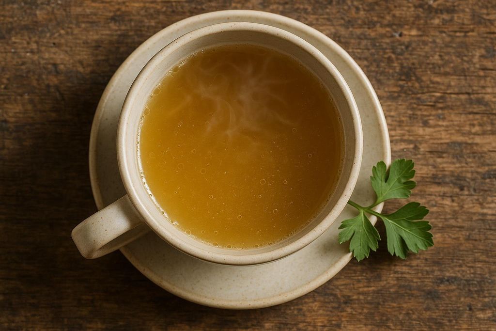 A close-up, overhead shot of a warm mug of clear broth on a rustic wooden surface, with a sprig of parsley beside it.