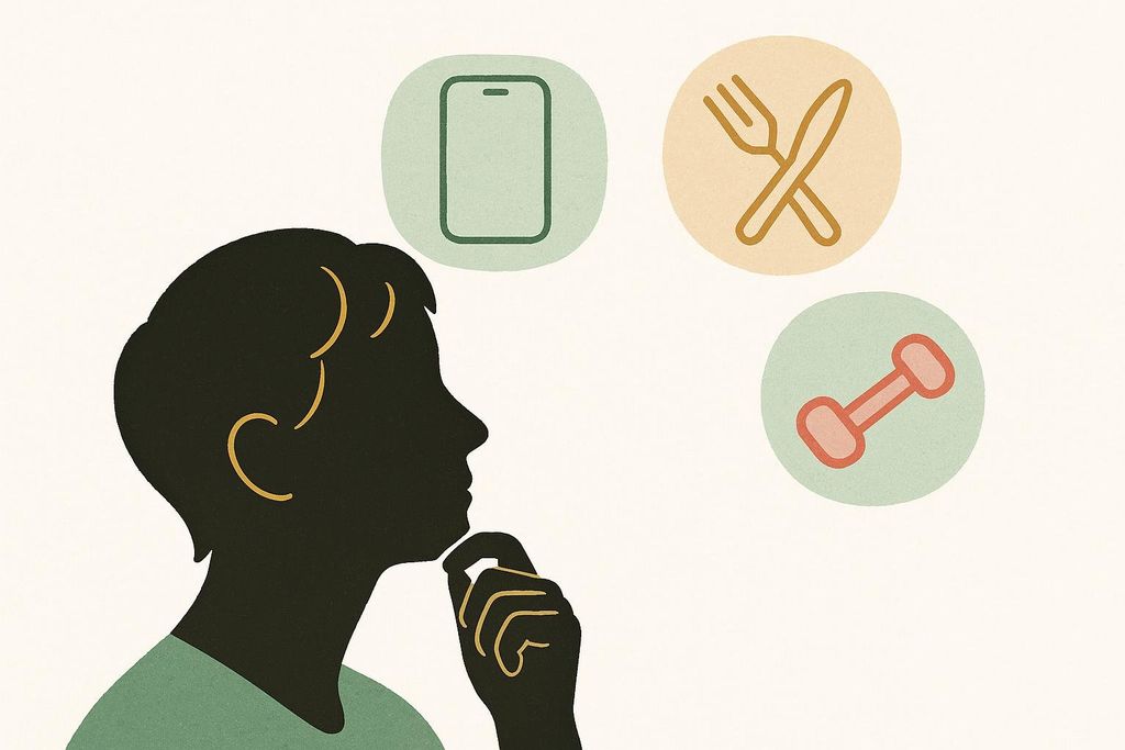 An illustration of a person with their hand on their chin, looking at icons representing a smartphone, a fork and knife, and a dumbbell, symbolizing technology, diet, and exercise.