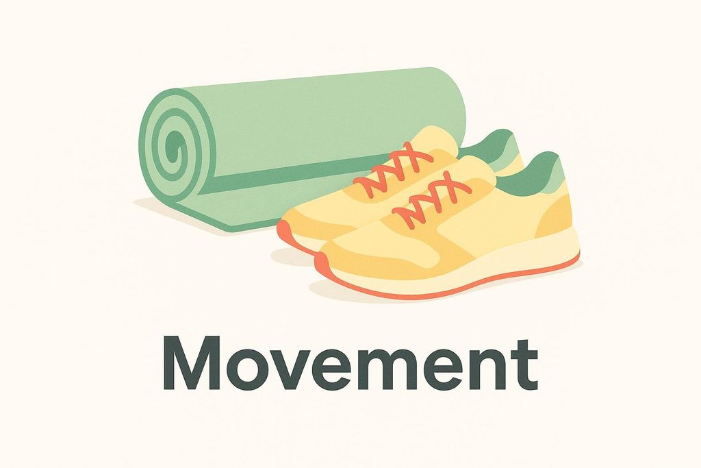 An illustration featuring a rolled-up green yoga mat next to a pair of yellow sneakers with red laces. Below them, the word 'Movement' is written in a dark sans-serif font.
