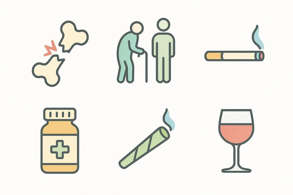 A colorful grid of simple icons illustrating FRAX clinical risk factors, including a broken bone for prior fracture, two figures for age, a cigarette for smoking, a pill bottle for medication, a joint for substance use, and a wine glass for alcohol intake.
