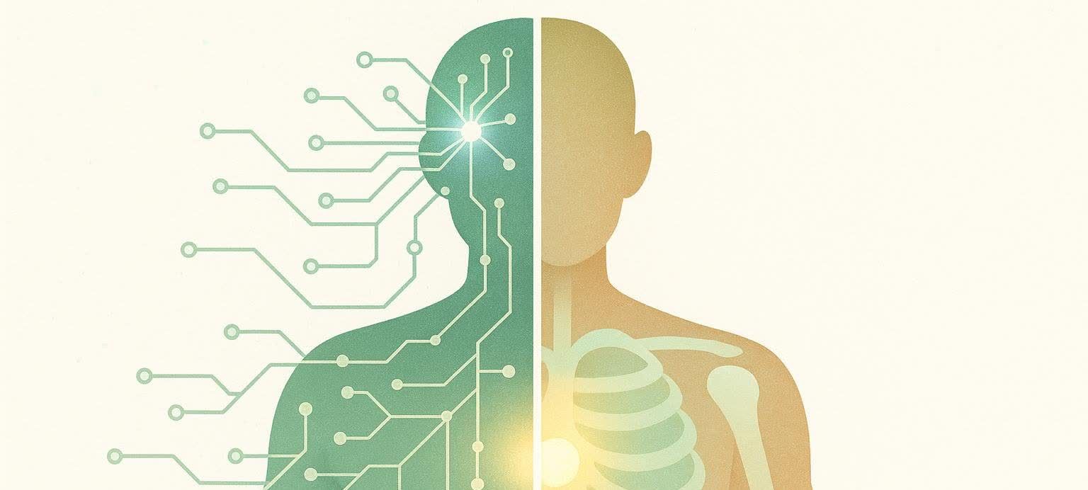 An abstract illustration depicting the integration of technology and human anatomy. The left half of a human silhouette is filled with circuitry patterns, connecting to a glowing point in the brain area. The right half shows skeletal structures and organs, with a glowing heart.