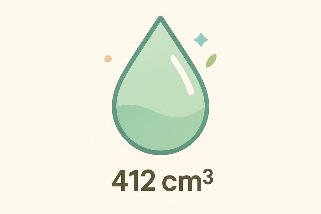 Vector illustration of a green water droplet icon with a white highlight, surrounded by small abstract shapes. Below the droplet, the text '412 cm³' is displayed in bold brown font.