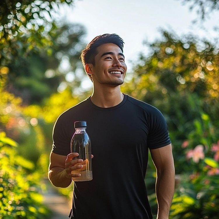 A man in a park holding a bottle of water and smiling.