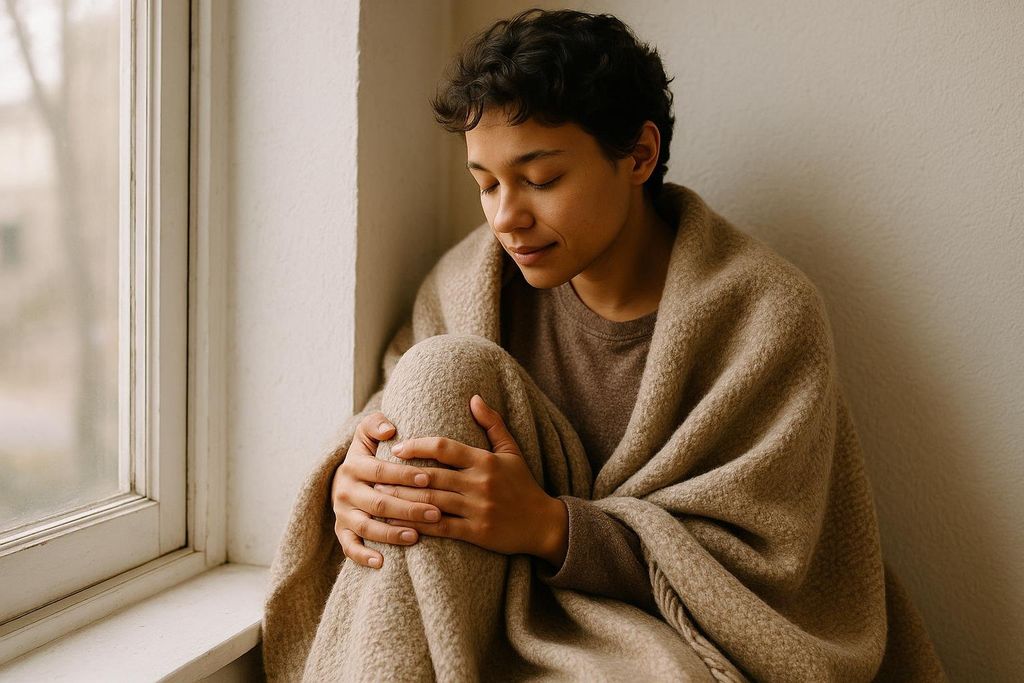 A person with short, dark curly hair and closed eyes, wrapped in a cozy brown blanket, sitting near a window and holding their knees. They appear to be resting or meditating.