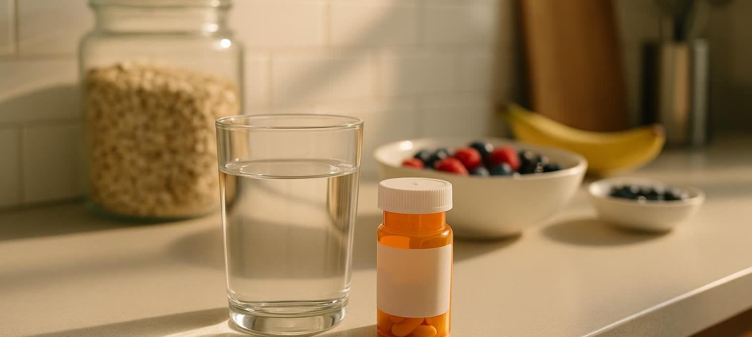 A daily medication routine featuring a glass of water and breakfast.