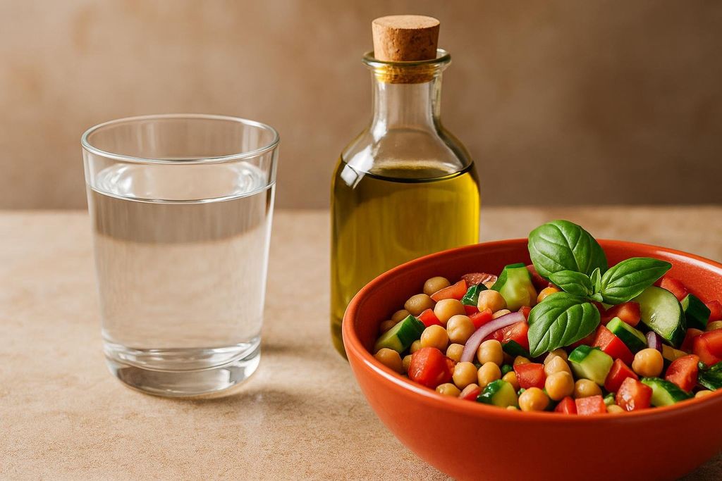 A close-up of a vibrant chickpea salad in an orange bowl, featuring chickpeas, diced tomatoes, cucumbers, red onion, and garnished with fresh basil. Beside it, a glass of water and a bottle of olive oil are visible, suggesting a healthy Mediterranean-style meal.