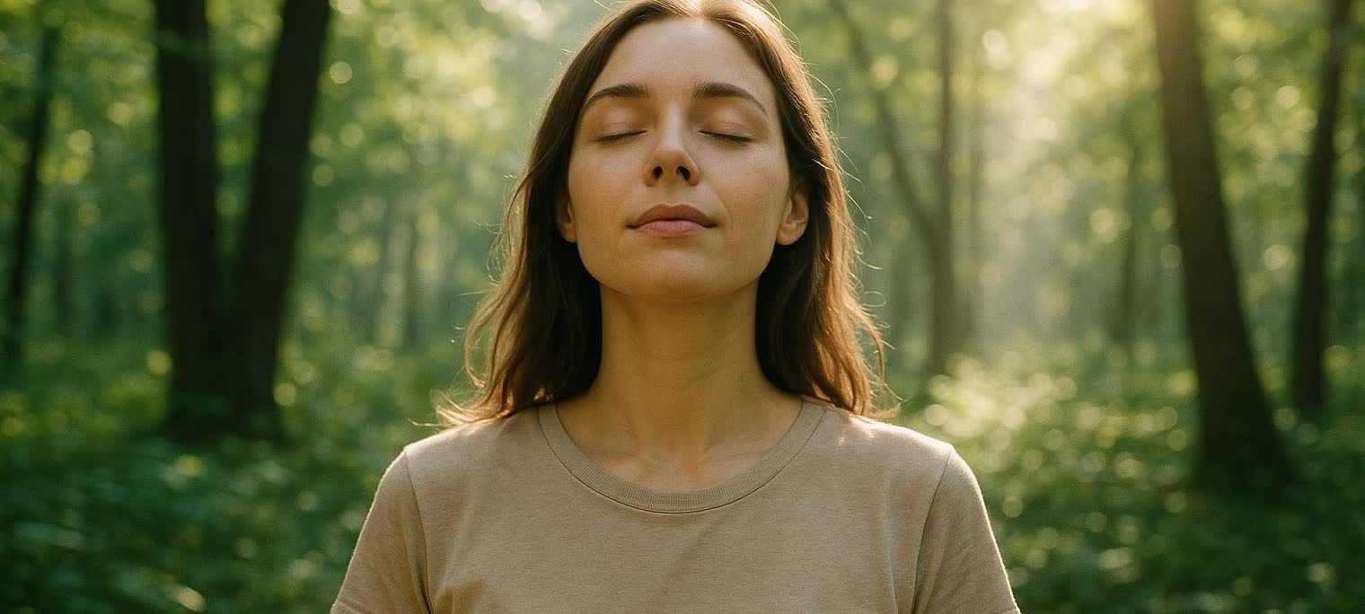 A woman taking a calming breath outdoors in a forest, representing stress management.