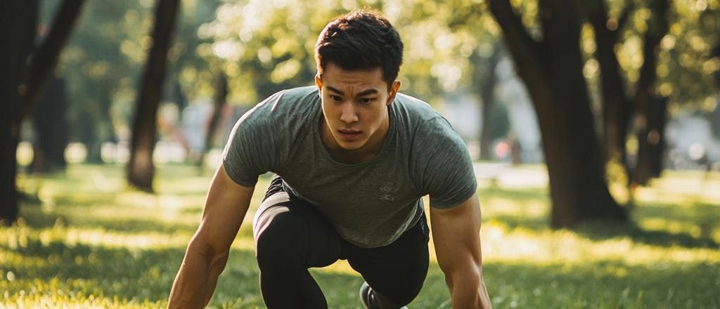 A man crouched low in a starting position, preparing to sprint in a park.