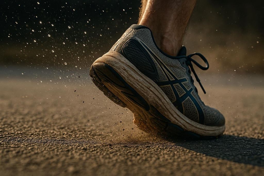 A grey and black running shoe with a dirty sole impacts the ground, kicking up dust and small water droplets. The image is taken at ground level, showing the runner's leg and the textured asphalt.