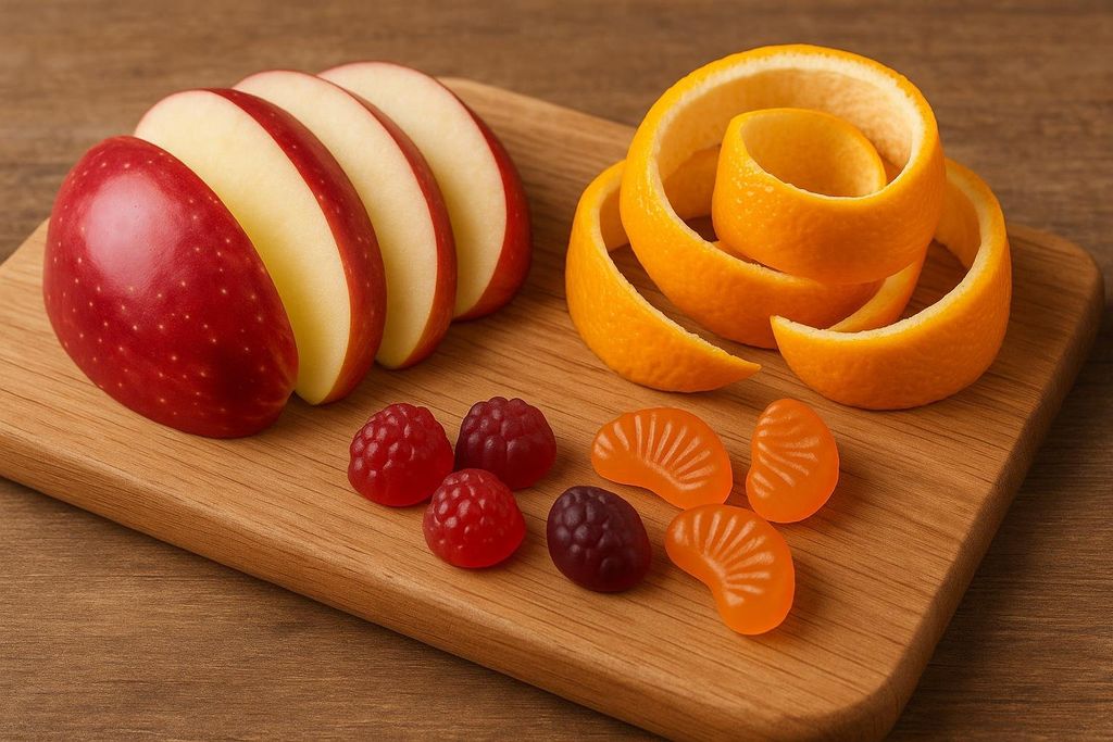 An image showing sliced red apples, twisted orange peels, and a variety of colorful fruit-shaped gummies (raspberry and tangerine) arranged on a wooden cutting board.