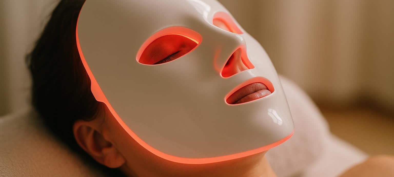 Close-up of a person relaxing with their eyes closed, wearing a white LED therapy mask that emits a red glow, illuminating their face and the edges of the mask.