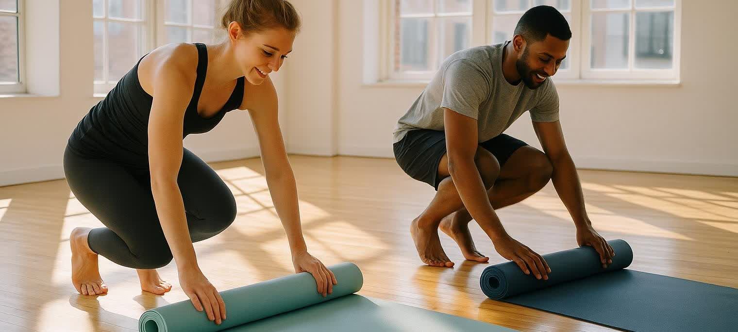 Two people unrolling yoga mats in a sunny fitness studio