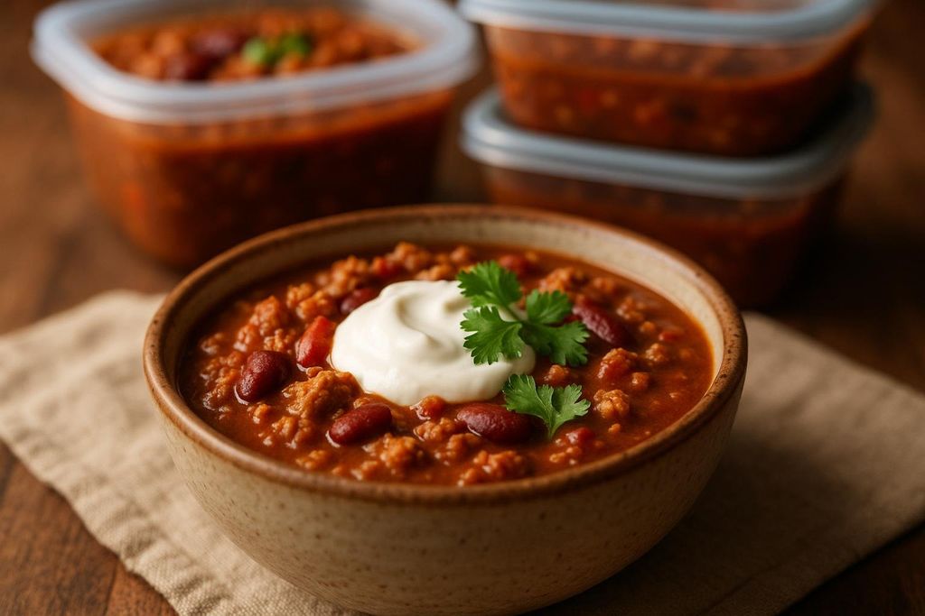 A comforting bowl of freshly made turkey chili, garnished with a dollop of sour cream and fresh cilantro, with freezer-safe portions visible in the background.