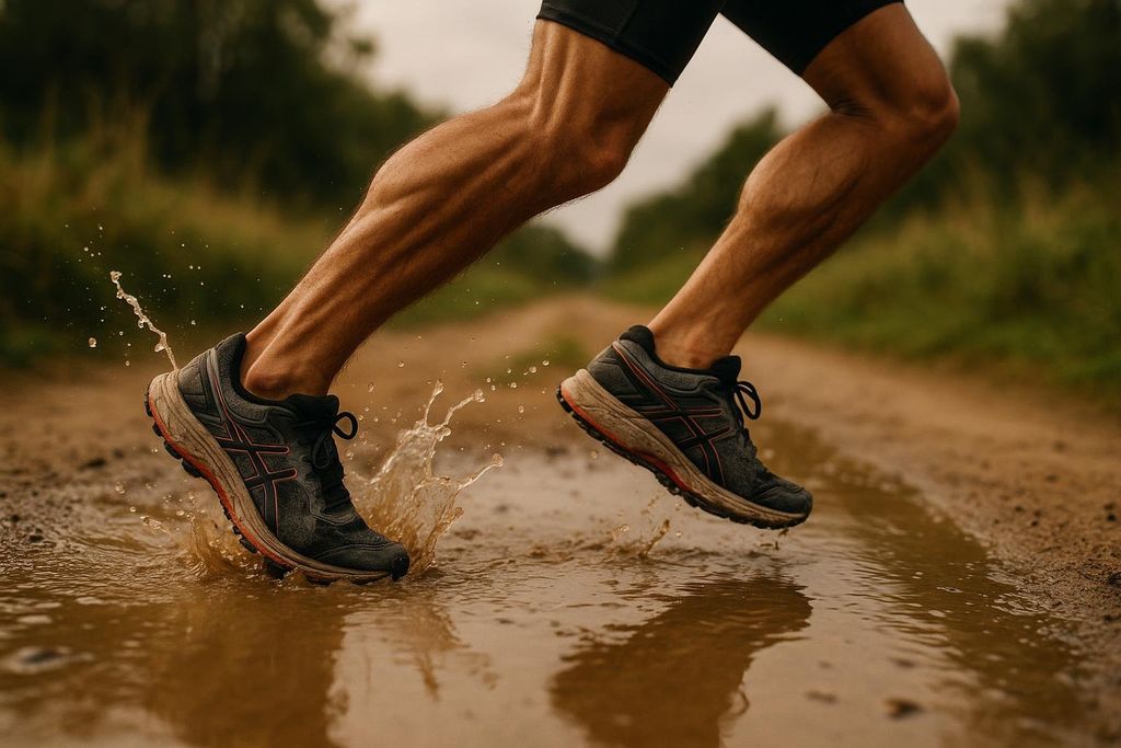 Close-up of a runner's legs and feet as they splash through a muddy puddle on a dirt path. Water droplets are flying up around their athletic shoes, and the runner is wearing black shorts. The background shows blurred greenery.