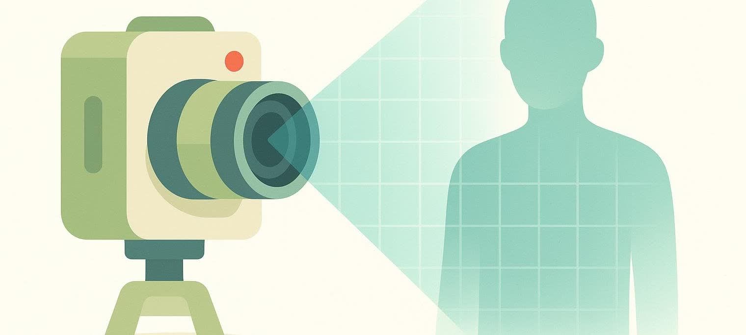 An illustration depicting a light green and beige camera on a tripod, projecting a light blue grid onto the silhouette of a person. The grid outlines the person's form, suggesting 3D mapping or scanning technology.