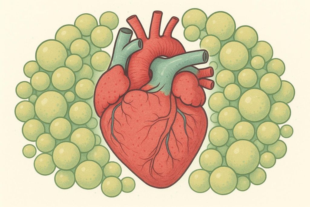 An illustration of a human heart, rendered in shades of red, blue, and green, surrounded by numerous green and yellow circular lipid or fat cells.