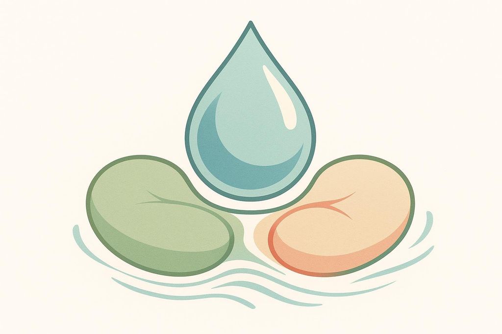 An illustration of a large, light blue water droplet centered above two abstract bean-shaped leaves, one green and one orange-red, all resting on stylized water ripples. The image suggests hydration and growth.