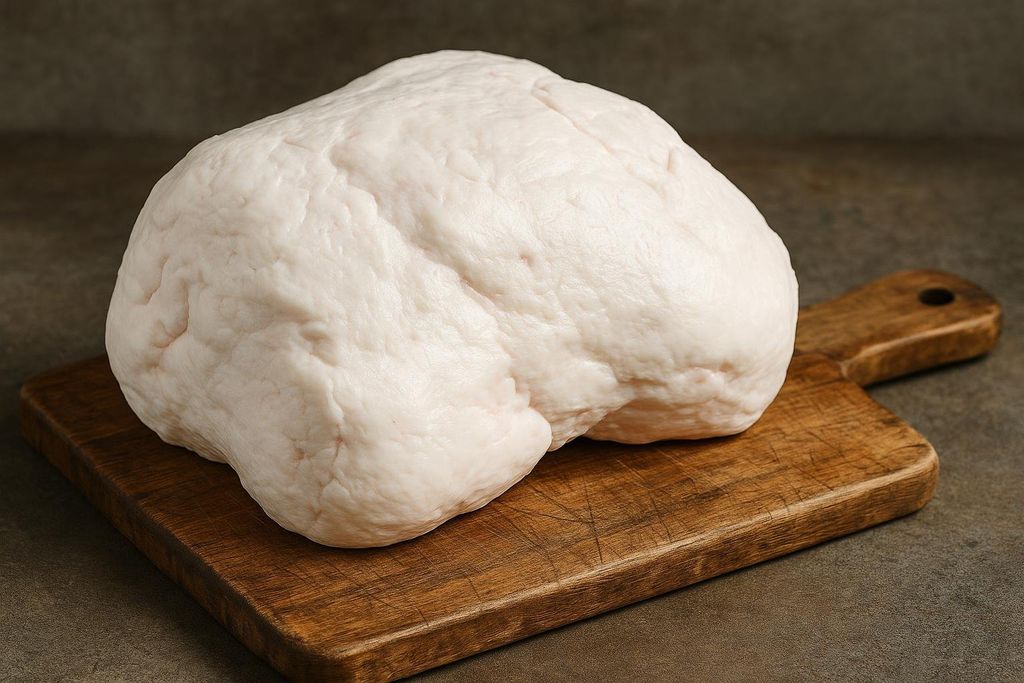 A large, high-quality piece of raw beef suet, a white and somewhat lumpy fat, resting on a rustic wooden cutting board against a dark background. This suet is ideal for rendering into tallow.
