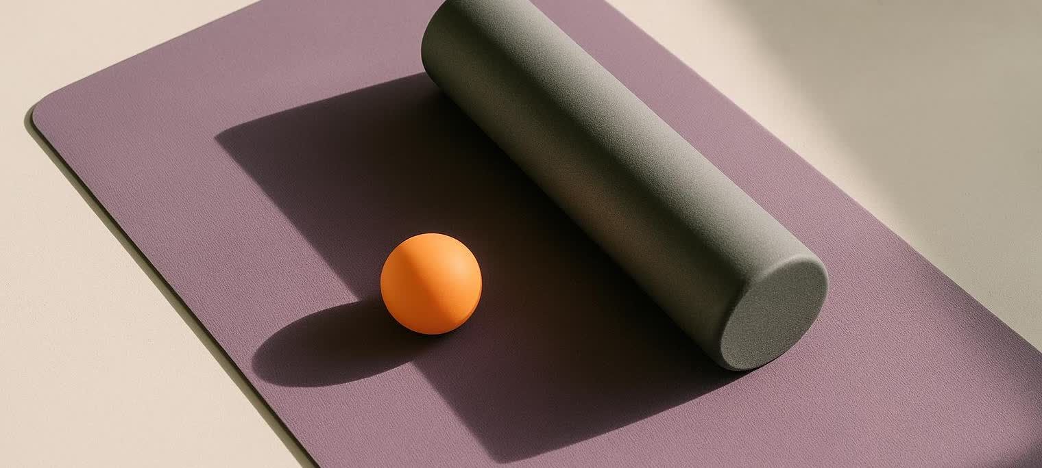 A grey foam roller and an orange massage ball are placed on a purple yoga mat with a cream-colored background. Sunlight casts shadows from the objects onto the mat.