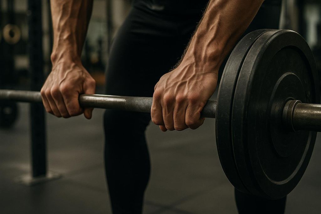 Close-up of a person's hands with prominent veins gripping a barbell loaded with black weight plates in a gym setting.