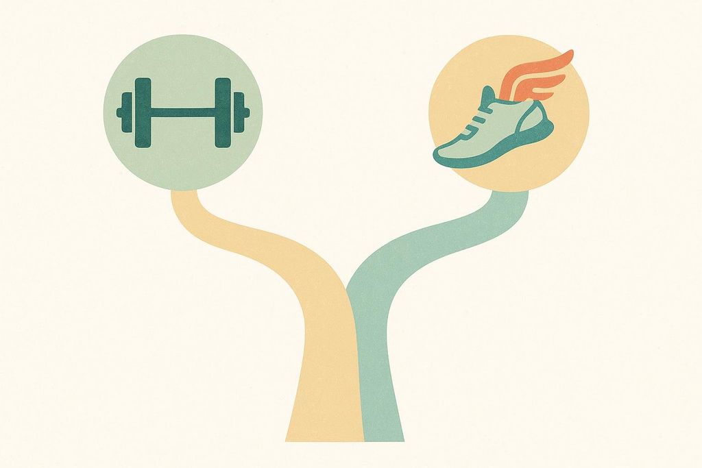 An illustration showing a path splitting into two. The left path leads to a barbell icon in a green circle, and the right path leads to a winged running shoe icon in a yellow circle, representing a choice between strength training and running.