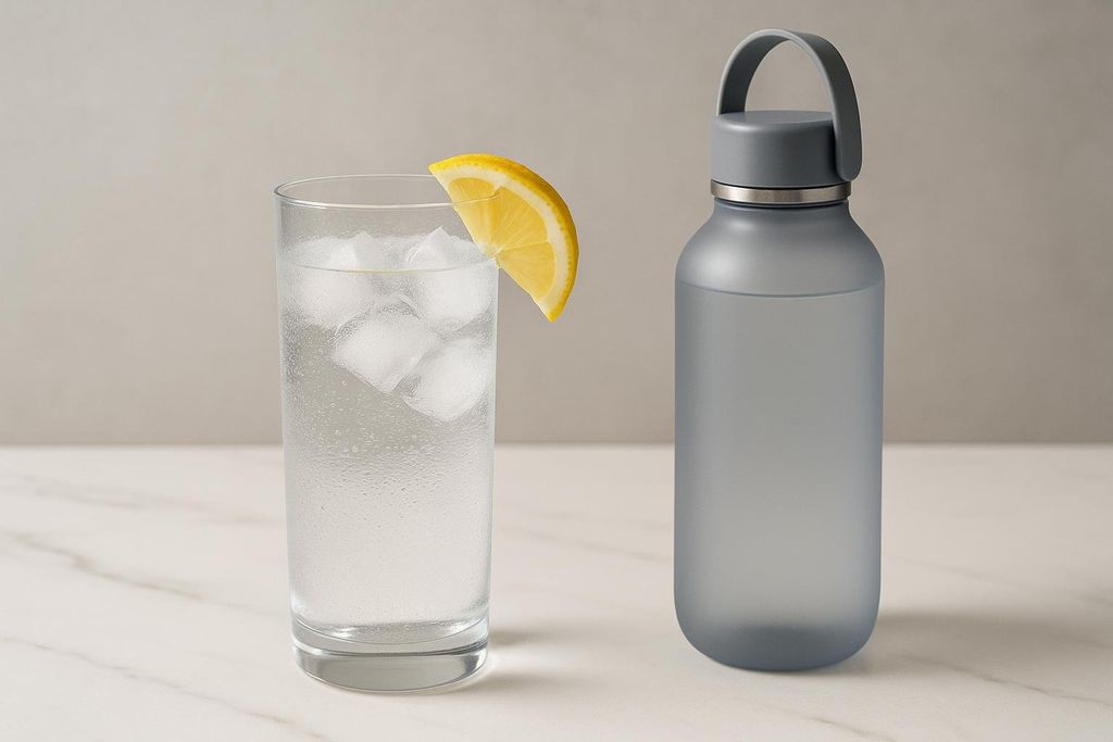 A clear glass of ice water with a lemon slice sits next to a frosted gray reusable water bottle on a white marble surface.