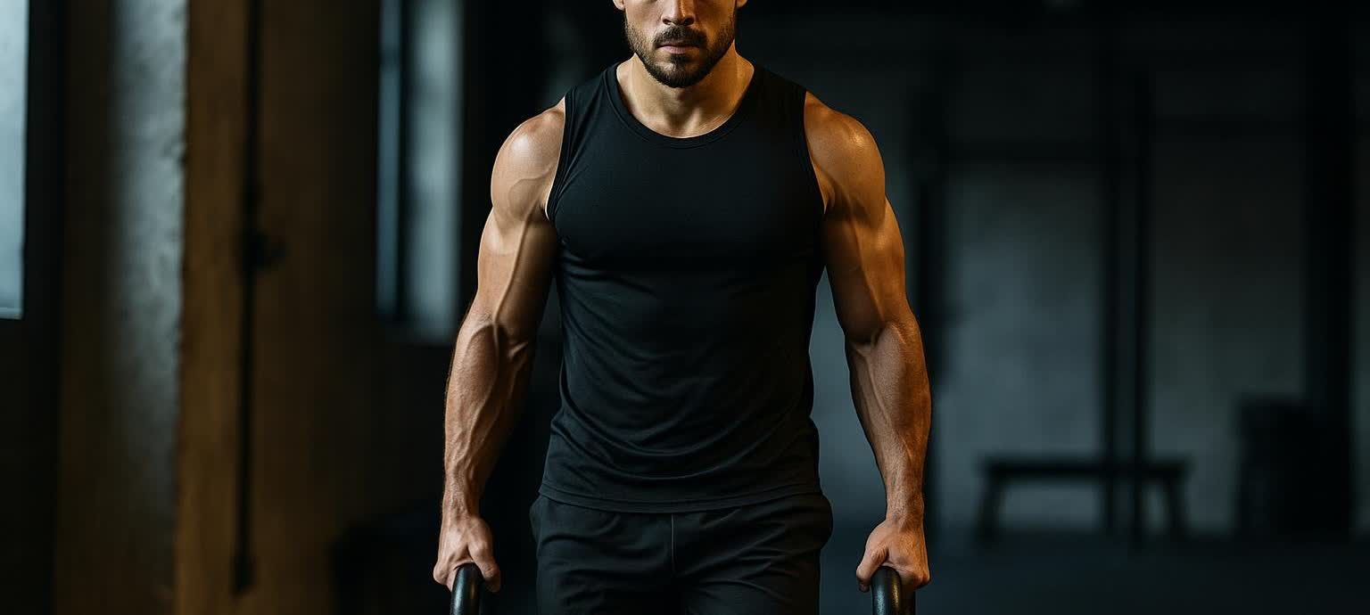 A muscular man in a black tank top and shorts performing a farmer's carry with two heavy kettlebells in a dimly lit gym. His arms are visibly veined and strong, and he has a beard. The background is blurred, focusing on the athlete and his exertion.