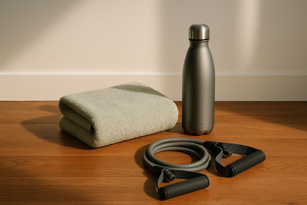 A light green towel, a grey water bottle, and a grey resistance band with black handles are neatly arranged on a polished wooden floor against a light-colored wall with strong light and shadow.