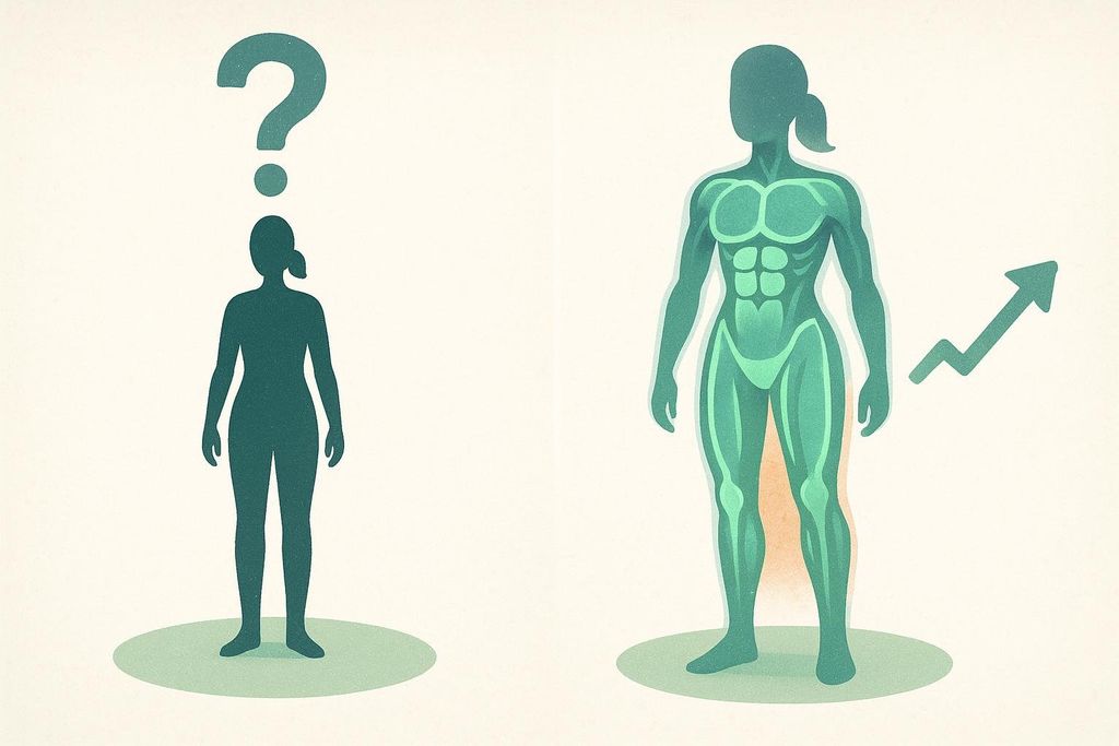 An illustration contrasting a plain silhouette of a person with a question mark above their head, representing the ambiguity of weight-only tracking, and a detailed anatomical figure showing muscle and fat, alongside an upward-trending arrow, symbolizing the clear insights from body composition analysis.