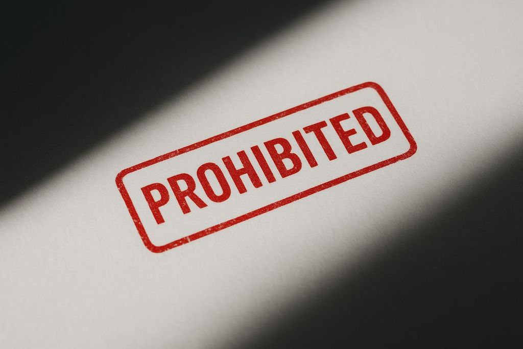 A red stamp on a white surface that says 'PROHIBITED', with parts of the image in shadow.