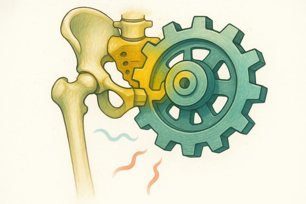 Abstract representation of a hip joint acting as a biomechanical gear