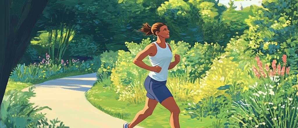 An illustration of a woman running on a path through a lush green park with trees and flowers.