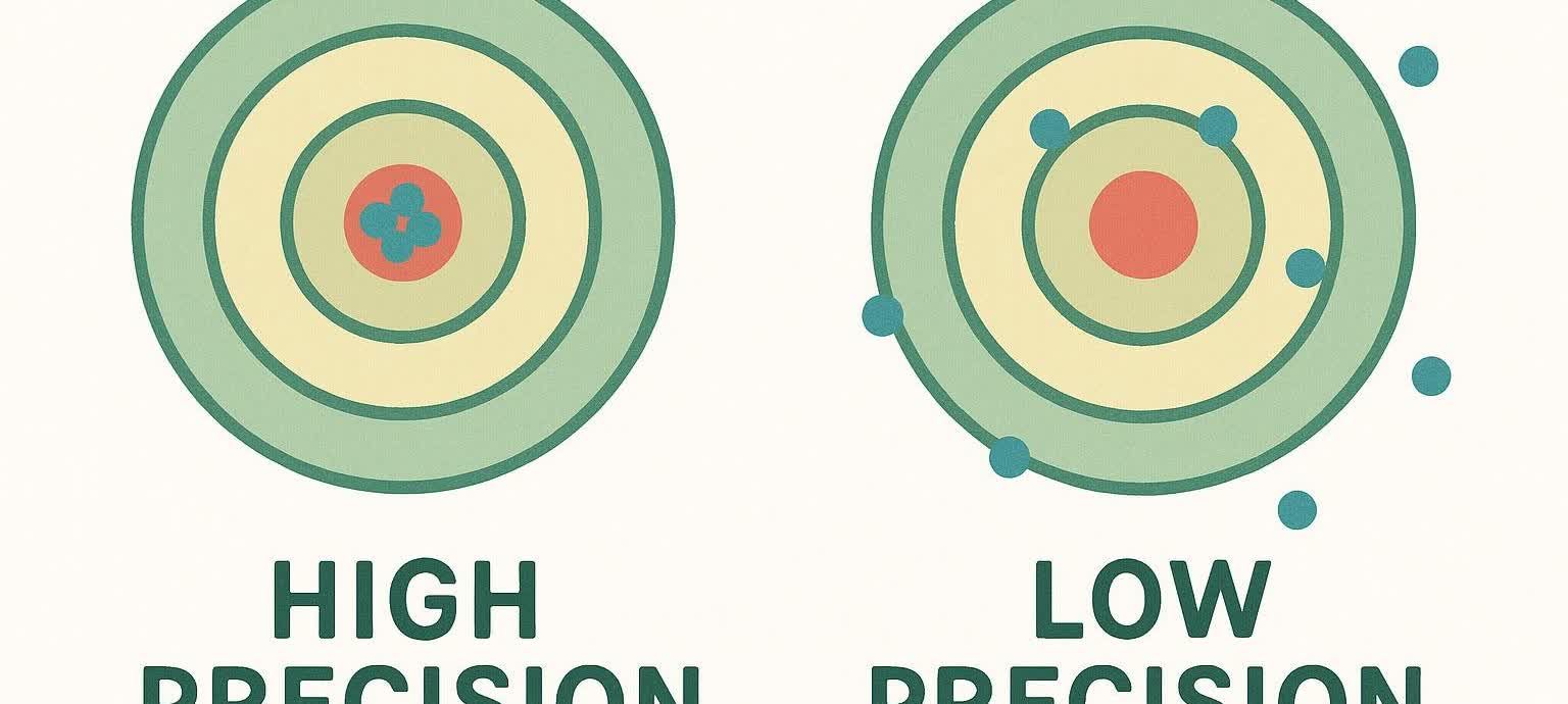 Illustration comparing measurement accuracy using two targets: one with a tight cluster of hits indicating high precision, and another with widely scattered hits indicating low precision.