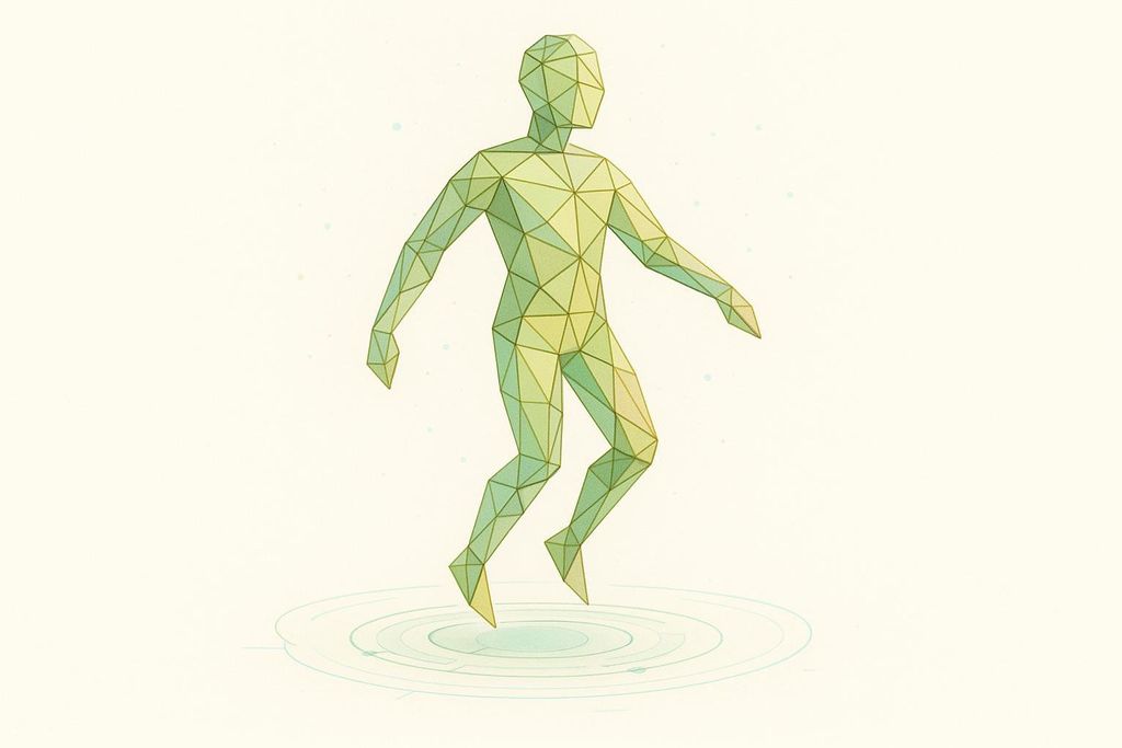A wireframe avatar built from geometric green and yellow triangles, depicted as if hovering or floating just above a circular base of ripples. The figure is shown from the waist up, facing forward.
