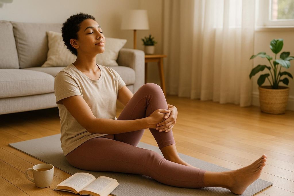 A woman sits on a yoga mat in her living room, eyes closed, with a book and a mug of tea beside her, representing relaxation and self-care.