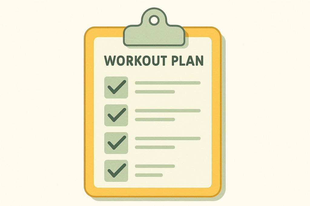 An illustration of a clipboard with a sheet of paper titled 'WORKOUT PLAN' and four completed checklist items.