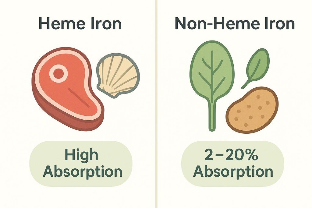 Comparison diagram of Heme Iron from animal sources with high absorption versus Non-Heme Iron from plant sources with 2 to 20 percent absorption.
