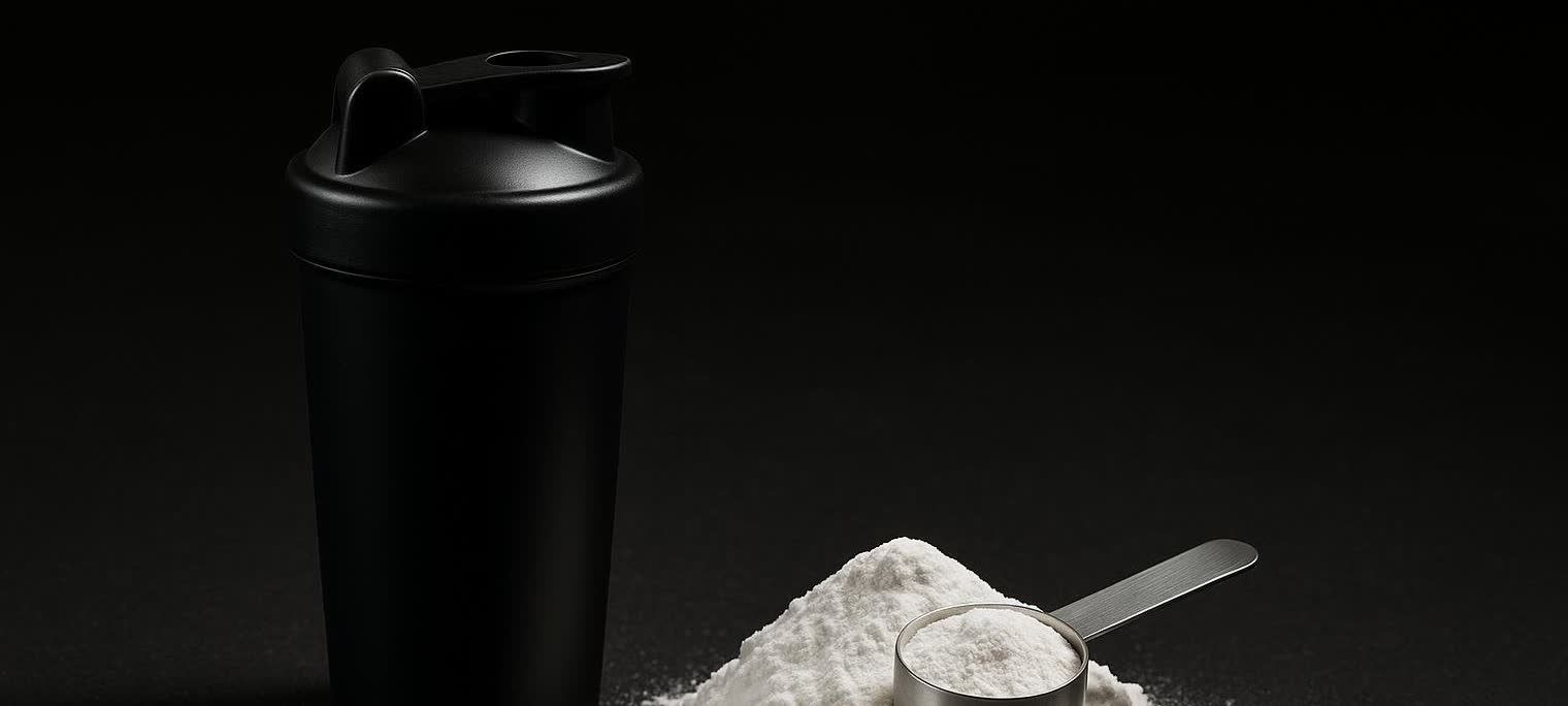 A close-up shot of a black shaker cup beside a pile of white creatine powder, with a metal measuring scoop resting on the powder, also filled with creatine. All items are set against a dark background.