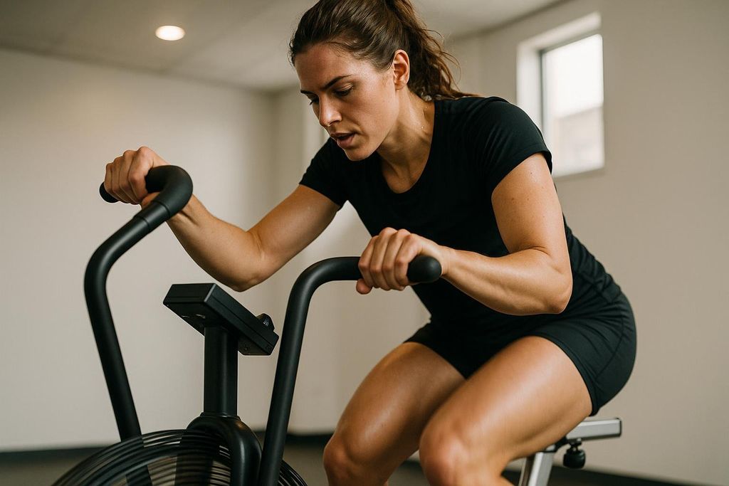 A woman in athletic wear intensely working out on a stationary bike during a HIIT session.