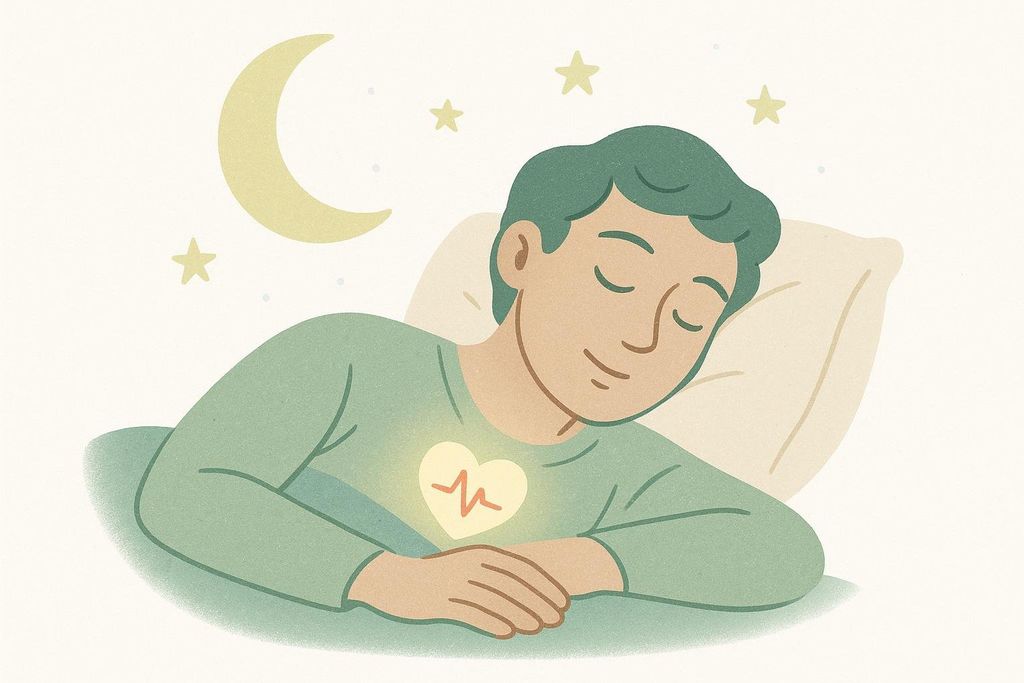 Illustration of a person sleeping peacefully under a crescent moon and stars, with a glowing heart icon on their chest showing a heart rate line, symbolizing how sleep aids in recovery and well-being.