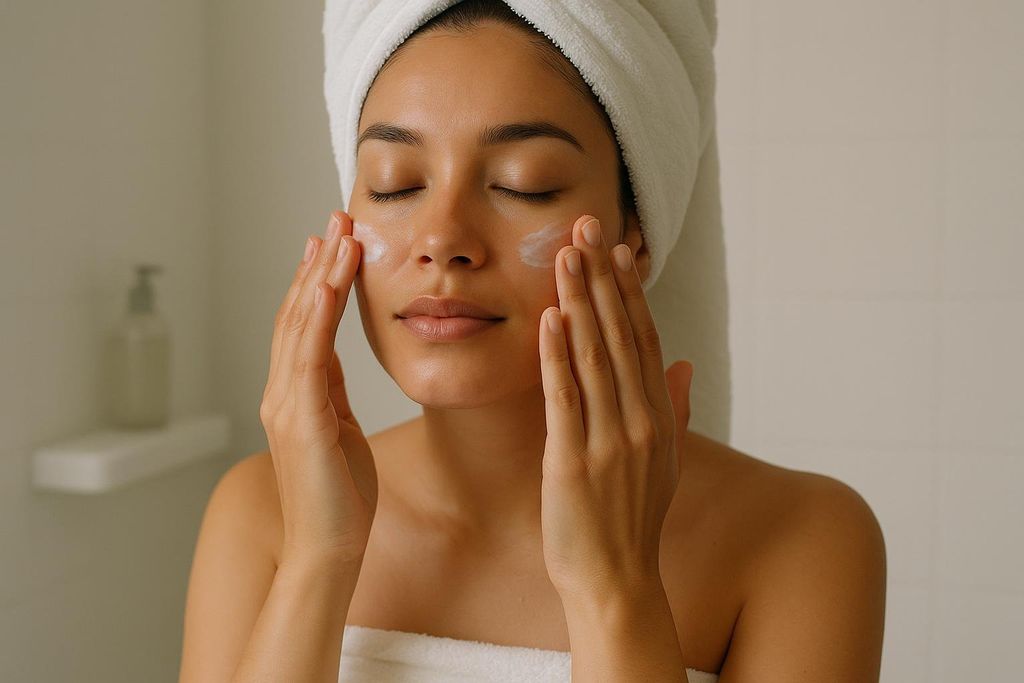 A woman with a towel wrapped around her head and body, her eyes closed, gently applies moisturizer to her face with her fingertips. There are visible white patches of cream on her cheeks and forehead.