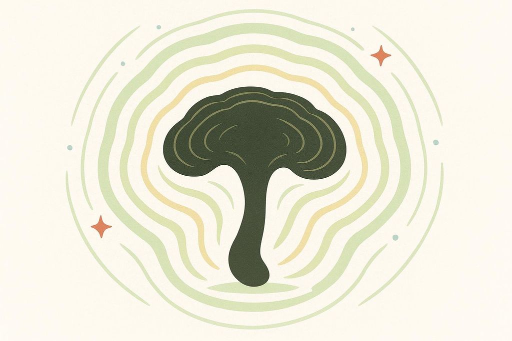 A stylized icon showing a Reishi mushroom radiating immunity-boosting energy.