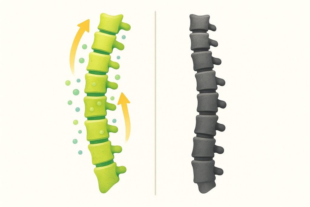 Illustration comparing an active, healthy spine receiving nutrients via movement (left, green with arrows and bubbles) to a static, stiff spine (right, dark grey).