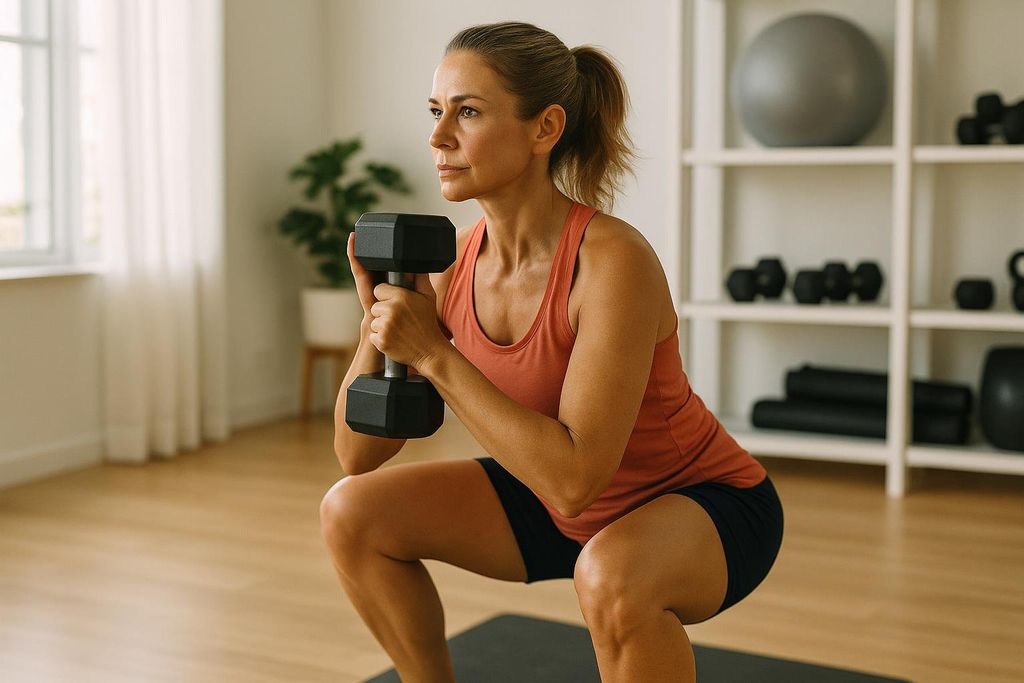 Woman in her 50s performing a goblet squat with a dumbbell, demonstrating strength training.