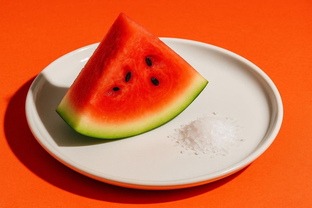 A vibrant red slice of watermelon with black seeds and a green rind rests on a white plate. To the right of the watermelon is a small pile of coarse white salt. The plate is set against a bright, solid orange background.