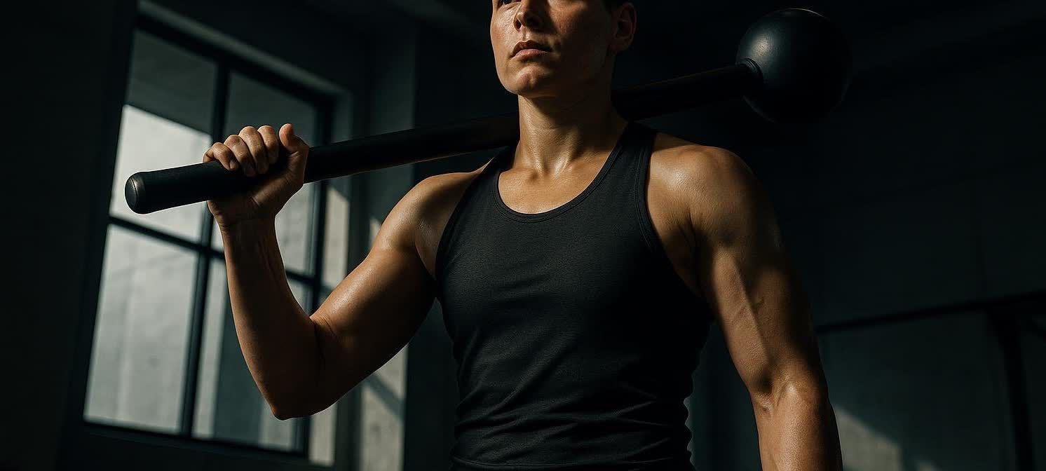 An athlete stands in a dimly lit gym, holding a steel mace across their shoulders with a determined look.